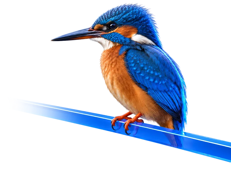 Eisvogel auf einem blauen Balken, Symbol für genaues Hinsehen